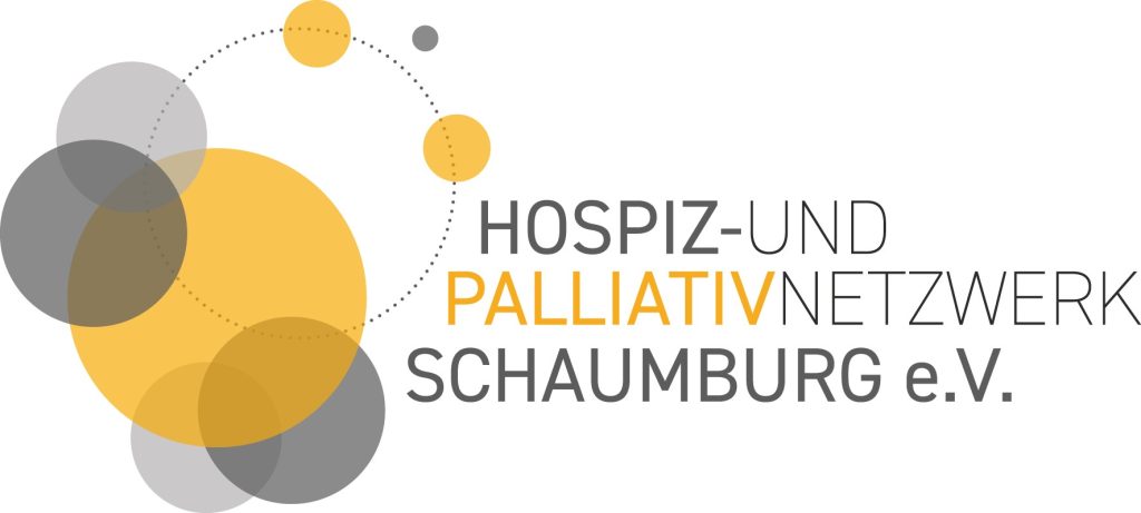 Logo mit dem Text: Hospiz- und Palliativnetzwerk Schaumburg e.V. Die Schrift ist in hell- und dunkelgrau und gelb gehalten. Daneben mehrere ausgefüllte Kreise in den gleichen Farben, die sich teilweise überlappen.