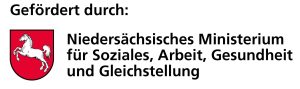 Text:
Gefördert durch: Niedersächsisches Ministerium für Soziales, Arbeit, Gesundheit und Gleichstellung. Daneben ist links das Wappen von Niedersachsen zu sehen (weißes stilisiertes Pferd auf rotem Hintergrund)